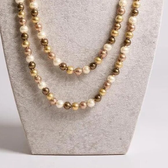 Multi Brown And Gream Glass Faux Pearl Long Necklace Earring Set - Picture 2 of 2
